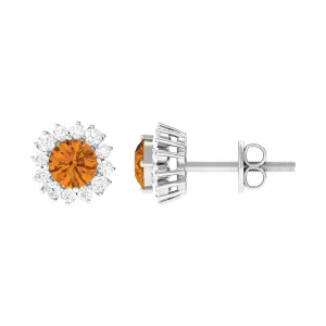 1 CT Classic Yellow Citrine and Diamond Halo Stud Earrings