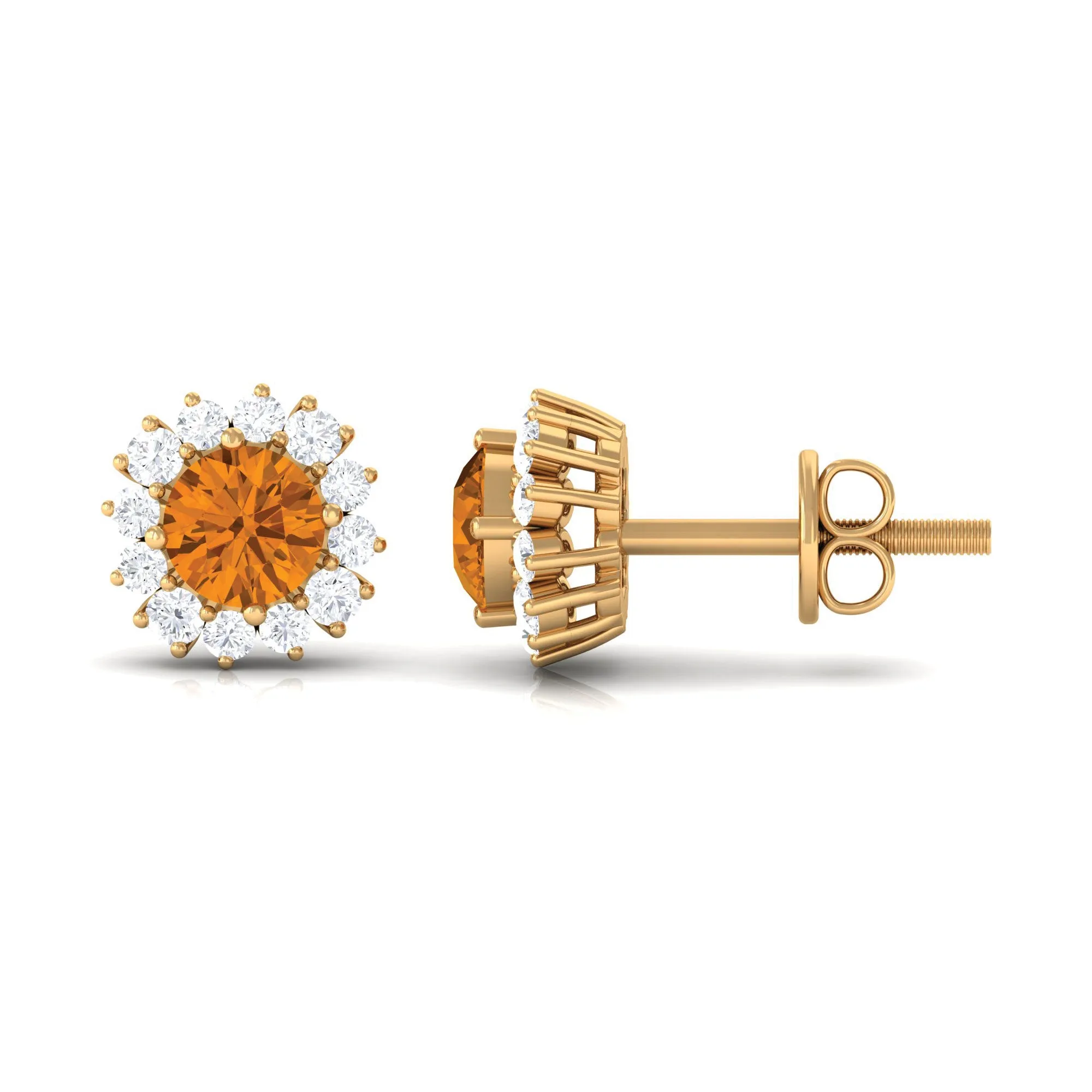 1 CT Classic Yellow Citrine and Diamond Halo Stud Earrings