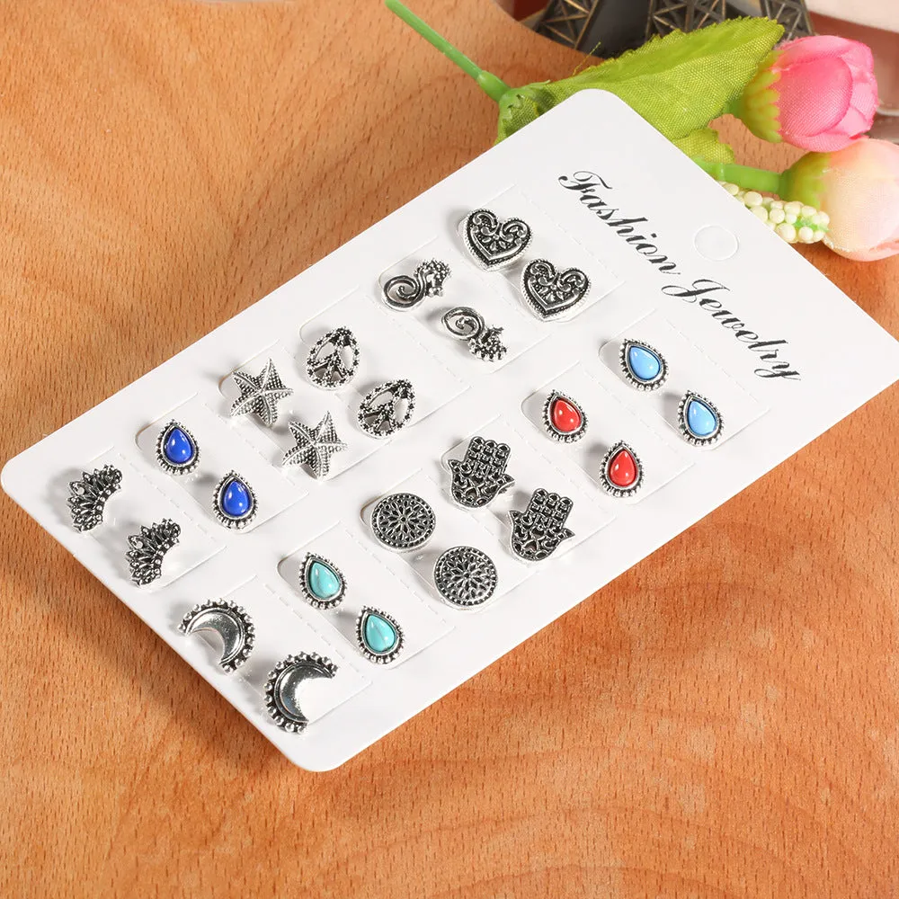 12 Pairs Fashion Colorful Stone Earrings with Love Hand Palm Earrings for Men and Women