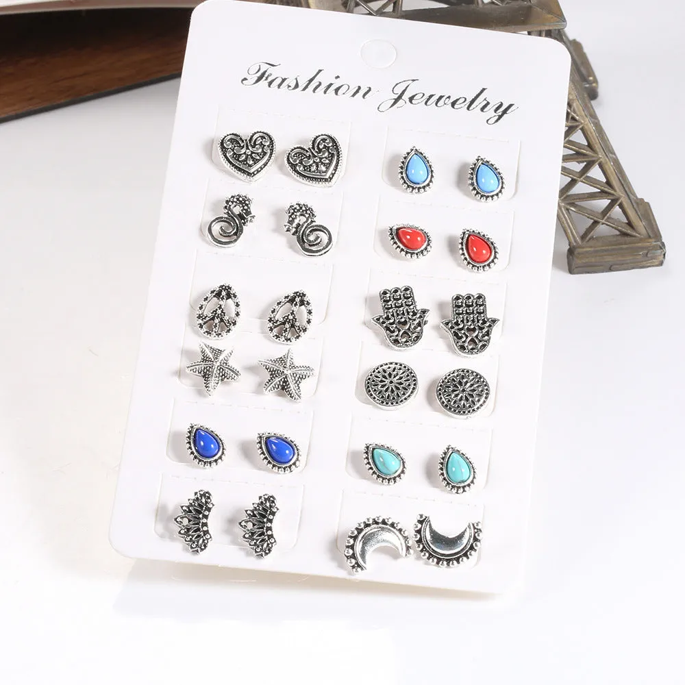 12 Pairs Fashion Colorful Stone Earrings with Love Hand Palm Earrings for Men and Women