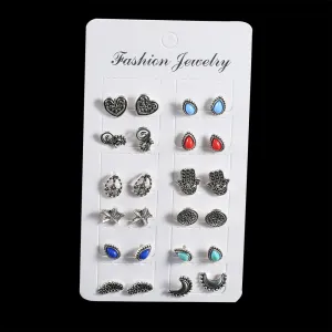 12 Pairs Fashion Colorful Stone Earrings with Love Hand Palm Earrings for Men and Women