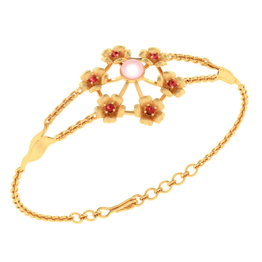 14k Gold Bracelet Including Multiple Flowers With Pink Pearl