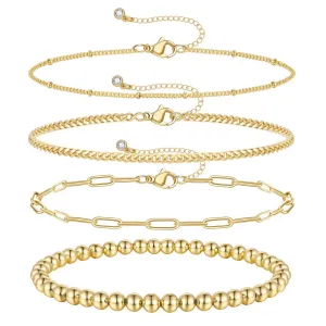 14K Gold Dainty Layered Beaded Ball Bracelets Sets-4pcs