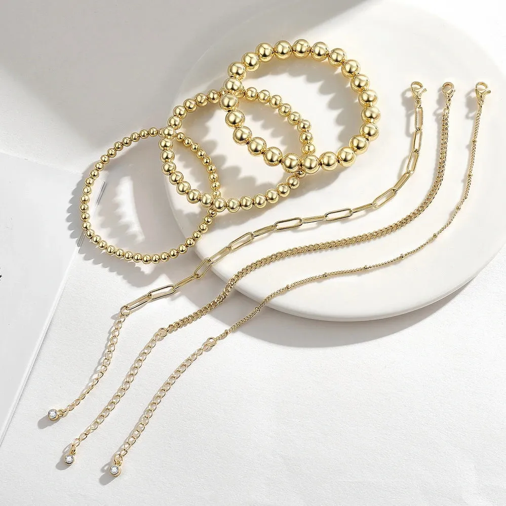 14K Gold Dainty Layered Beaded Ball Bracelets Sets-4pcs