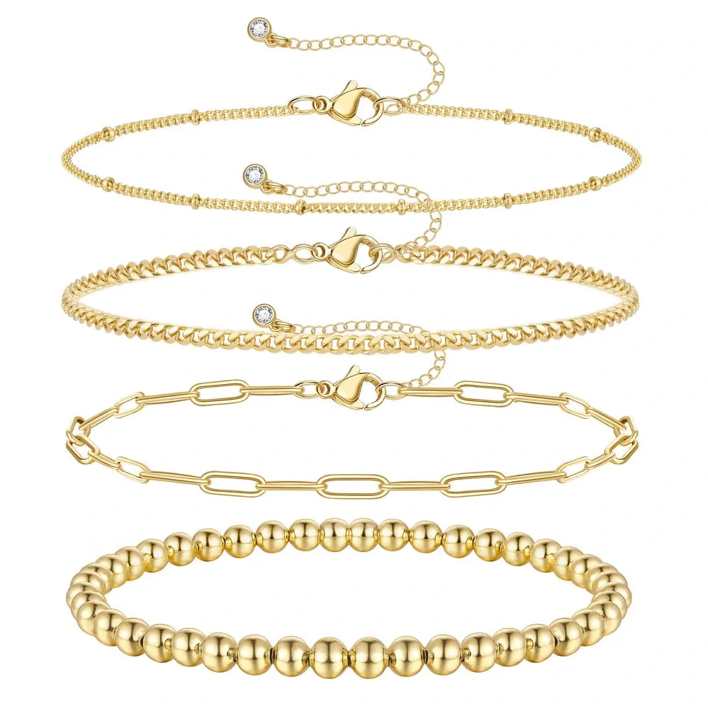 14K Gold Dainty Layered Beaded Ball Bracelets Sets-4pcs