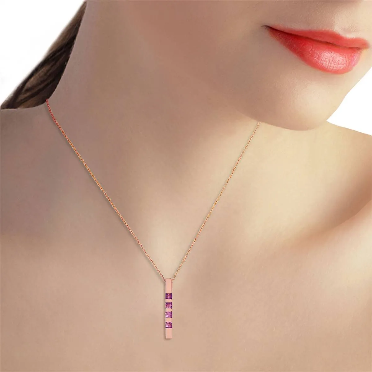 14K Solid Rose Gold Necklace Bar w/ Natural Purple Amethysts