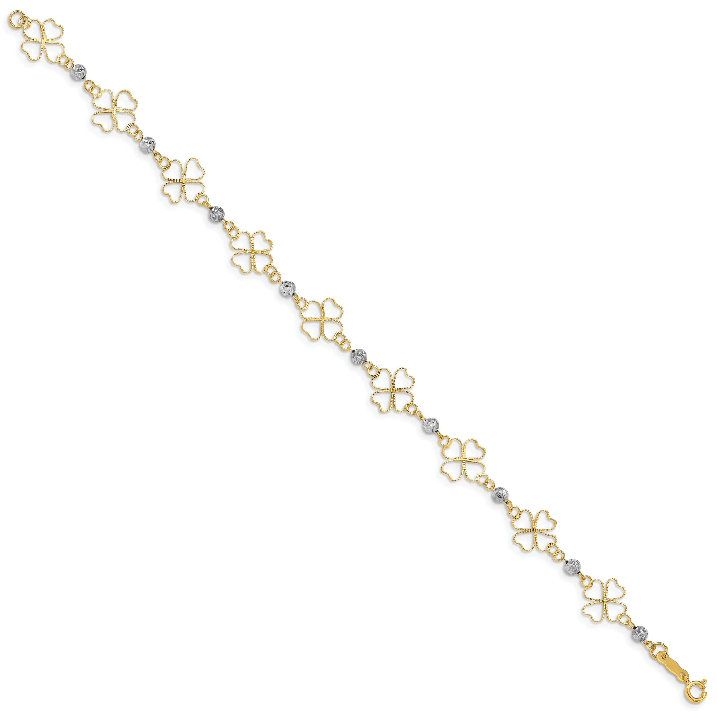 14k two-tone gold 3D clovers beads design7.5-inch, Bracelet 9mm wide