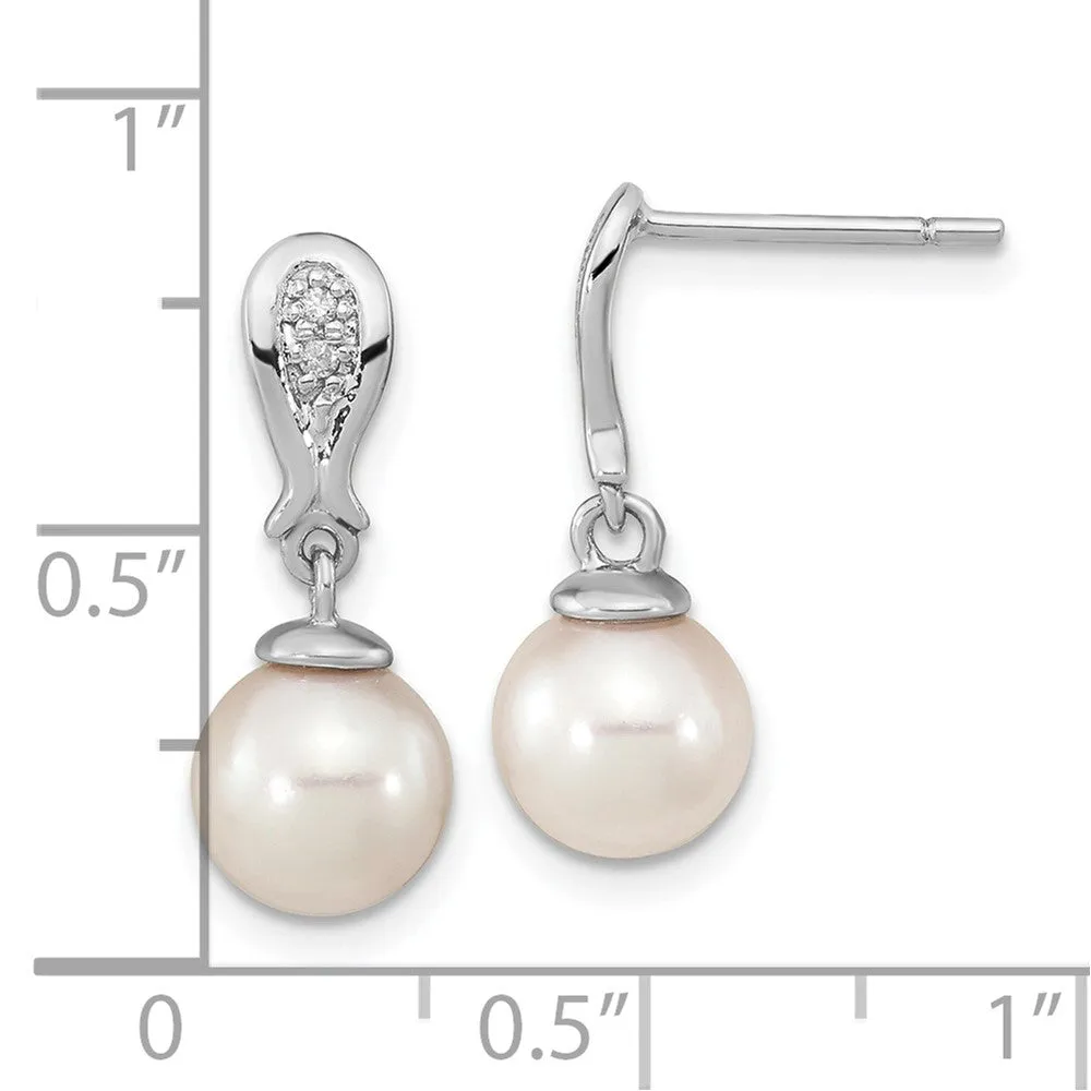 14K White Gold 7-8mm Round White Pearl .03ct Diamond Dangle Earrings