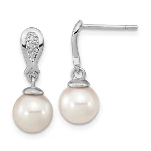 14K White Gold 7-8mm Round White Pearl .03ct Diamond Dangle Earrings