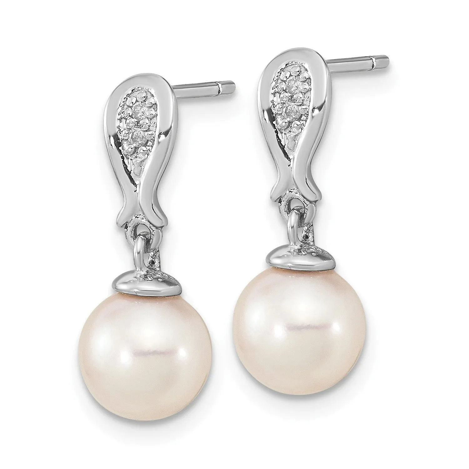 14K White Gold 7-8mm Round White Pearl .03ct Diamond Dangle Earrings