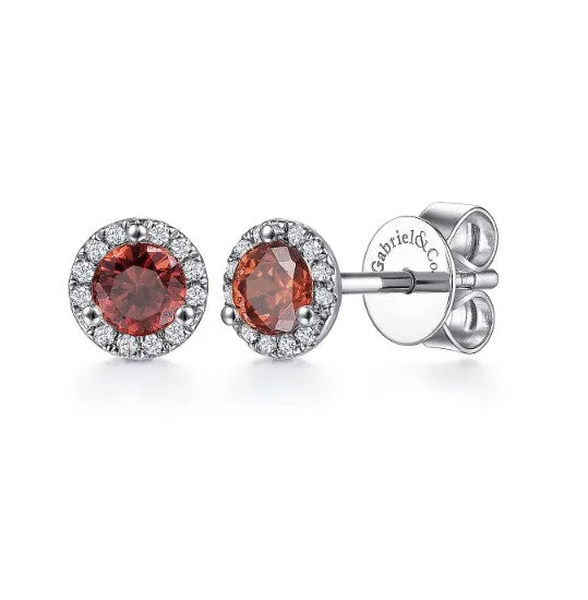 14K White Gold Halo Garnet and Diamond Stud Earrings