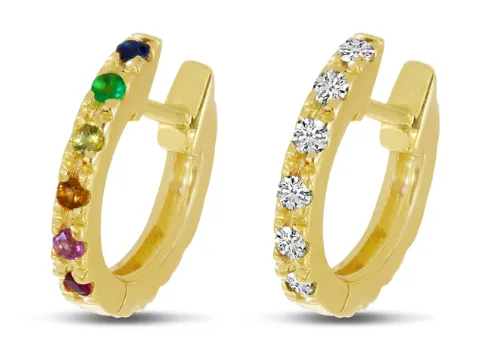 14K Yellow Gold 0.24ctw Rainbow Sapphire & Diamond Reversible Huggie Hoop Earrings