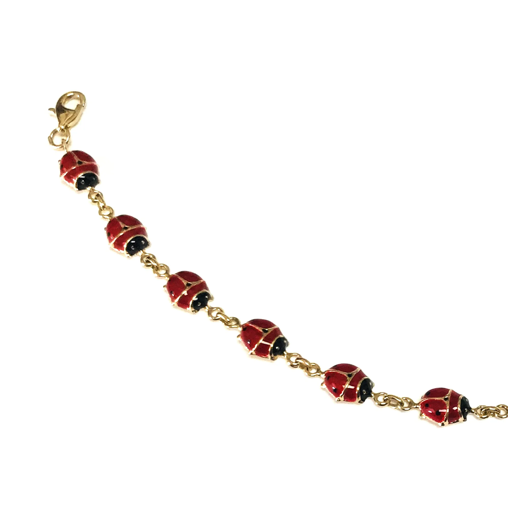 14k Yellow Gold Enamel Ladybug Fancy Bracelet, 7"