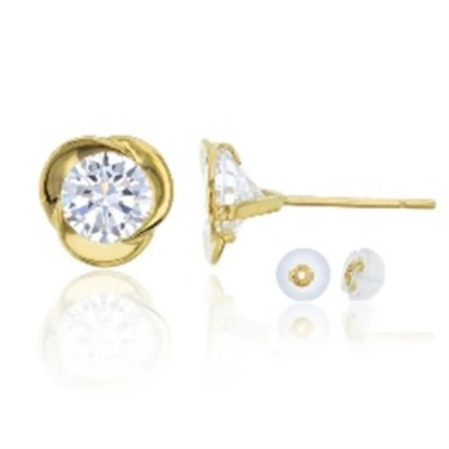 14KT Yellow Gold 5MM Round Cubic Zirconia Stud Love Knot Earrings