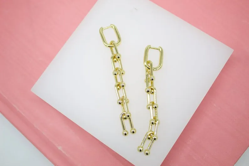 18K Gold Filled Bead Link Chain Dangle Drop Long Earrings