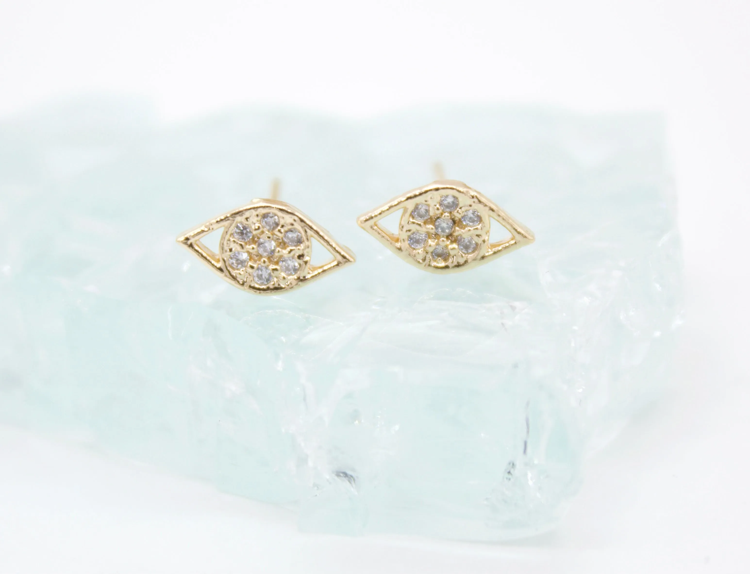 18K Gold Filled Evil Eye Stud Earrings With Clear CZ Stones