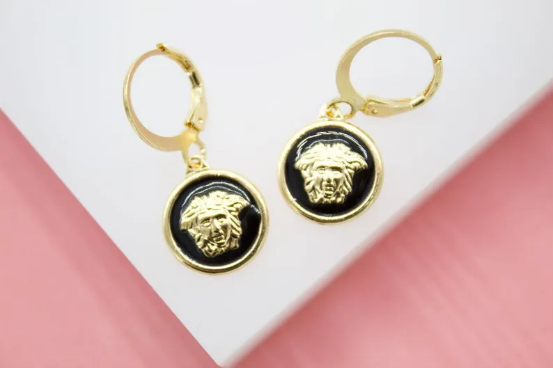 18K Gold Filled Small Enamel Medusa Charm Dainty Dangle Huggie Hoop Earrings