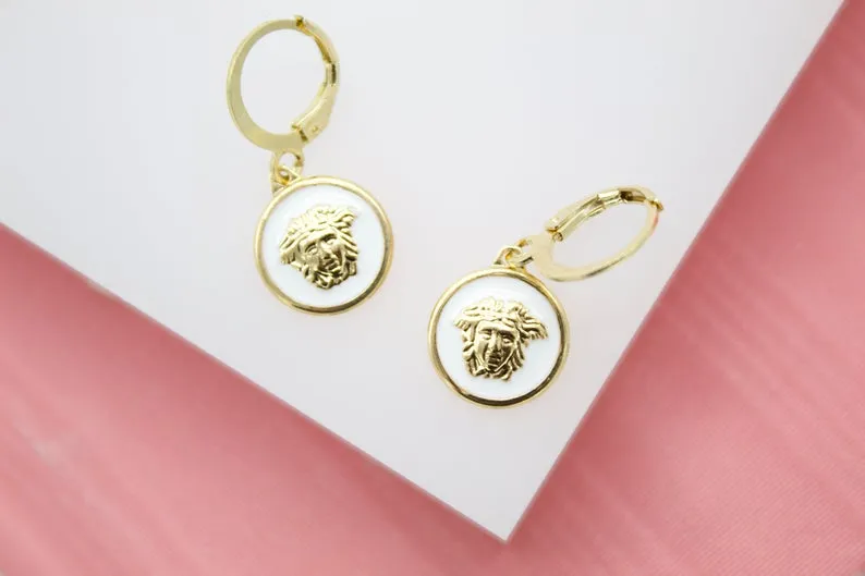 18K Gold Filled Small Enamel Medusa Charm Dainty Dangle Huggie Hoop Earrings