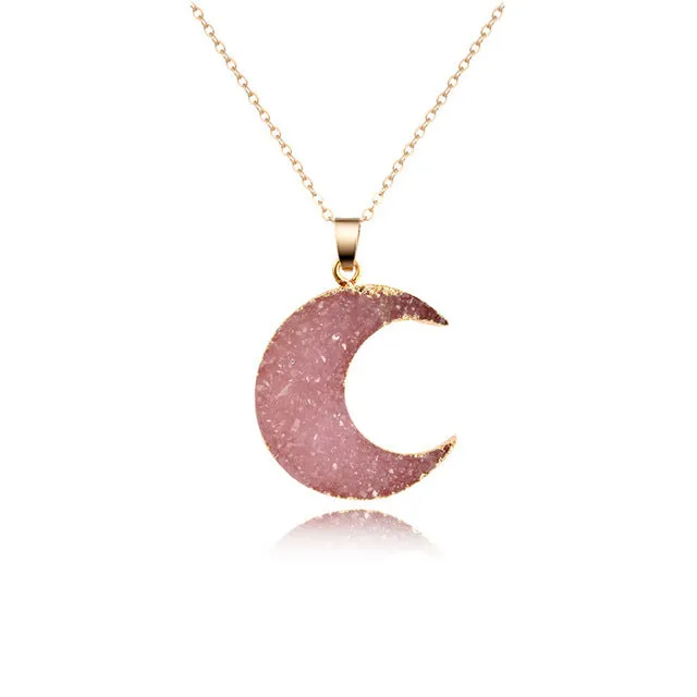 1PC New Pink Black Moon Resin Stone Pendant Necklace Women Druzy Drusy Gold Color Chain Necklace for Female Link Chain