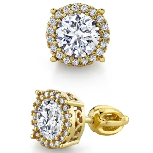 2.25 and 1.25 Carat 18K Gold Over Sterling Silver Dainty Halo Round Moissanite Screw Back Stud Earrings