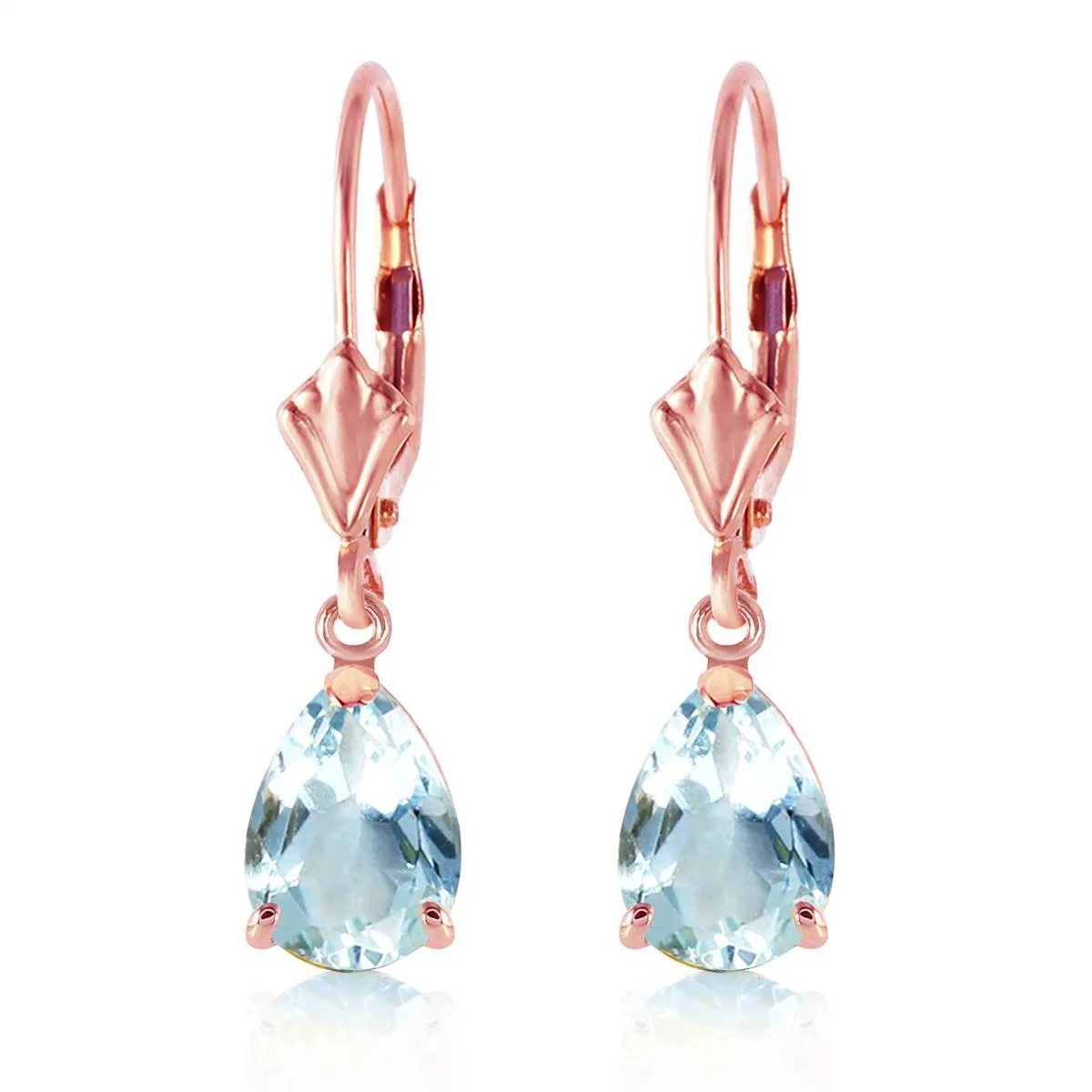 2.85 Carat 14K Solid Rose Gold Pear Aquamarine Leverback Earrings