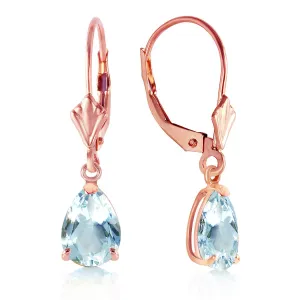 2.85 Carat 14K Solid Rose Gold Pear Aquamarine Leverback Earrings