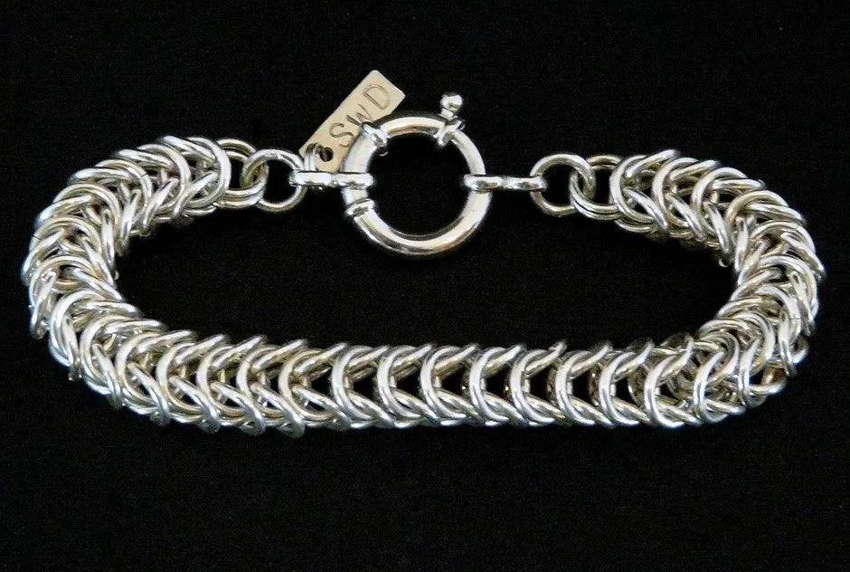 8.6mm Sterling Silver Byzantine Box Link Bracelet with 18mm Sterling Spring Ring Clasp