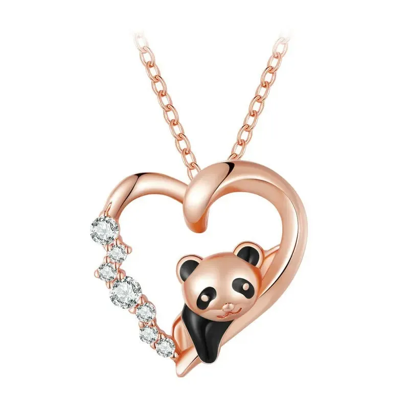 925 Sterling Silver Baby Panda Crystal Necklace Enamel Cute Animal Charm Chain Link for Women Gift