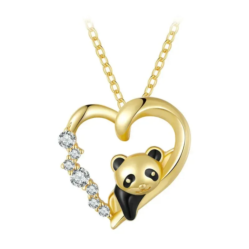 925 Sterling Silver Baby Panda Crystal Necklace Enamel Cute Animal Charm Chain Link for Women Gift