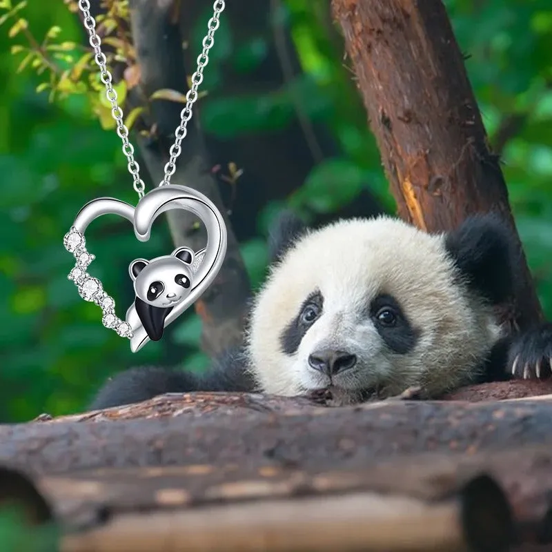 925 Sterling Silver Baby Panda Crystal Necklace Enamel Cute Animal Charm Chain Link for Women Gift