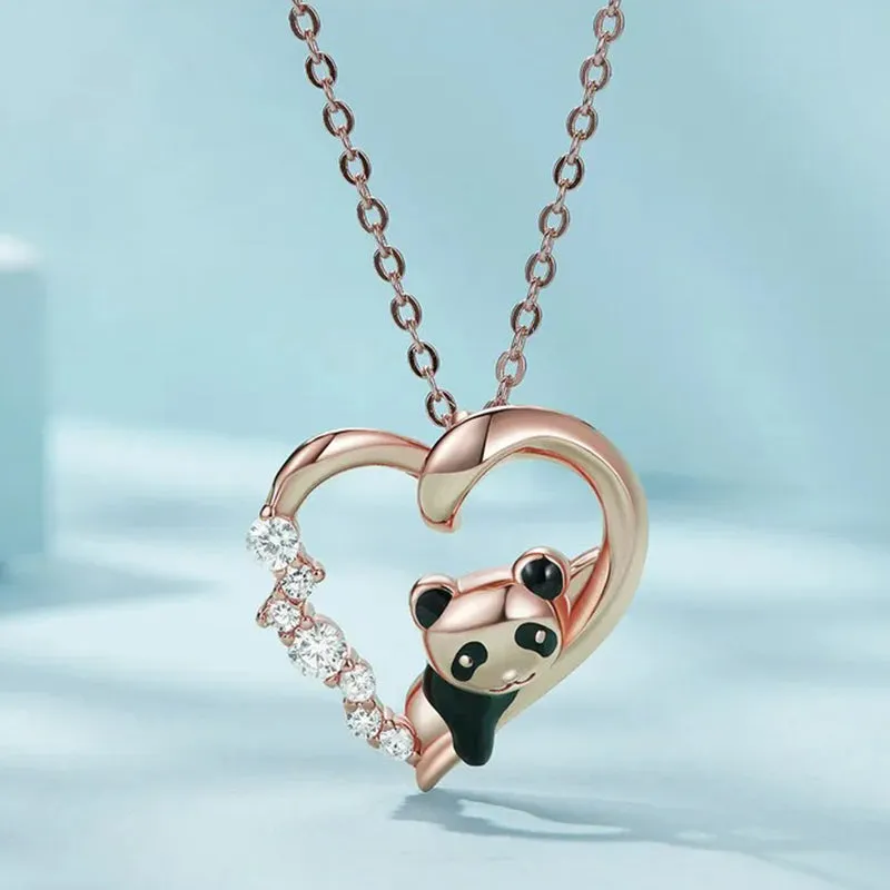 925 Sterling Silver Baby Panda Crystal Necklace Enamel Cute Animal Charm Chain Link for Women Gift