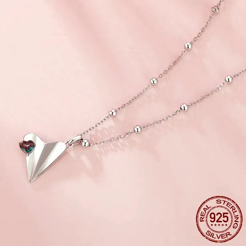 925 Sterling Silver Heart Origami Paper Airplane Necklace, White Gold Plated Simple Triangle Paper Airplane Necklace