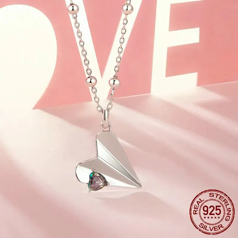 925 Sterling Silver Heart Origami Paper Airplane Necklace, White Gold Plated Simple Triangle Paper Airplane Necklace