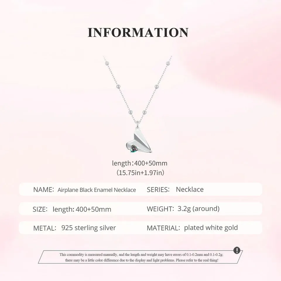 925 Sterling Silver Heart Origami Paper Airplane Necklace, White Gold Plated Simple Triangle Paper Airplane Necklace