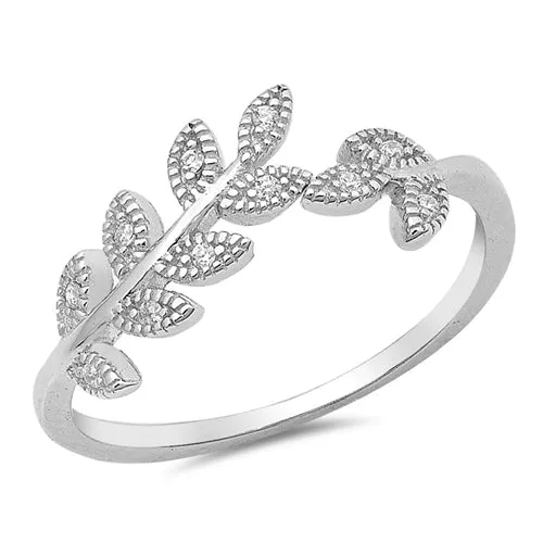 925 Sterling Silver Leaves Ring With CZs