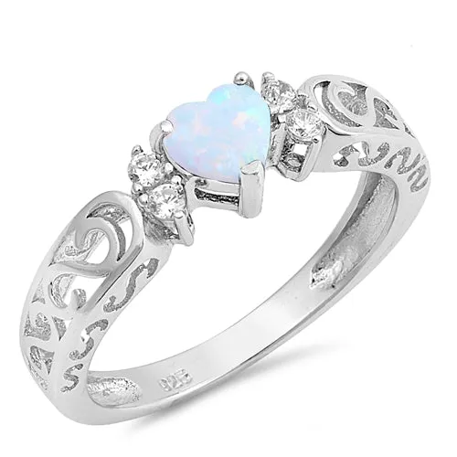 925 Sterling Silver Opal or CZ Heart Ring With Filigree Scrolled Design