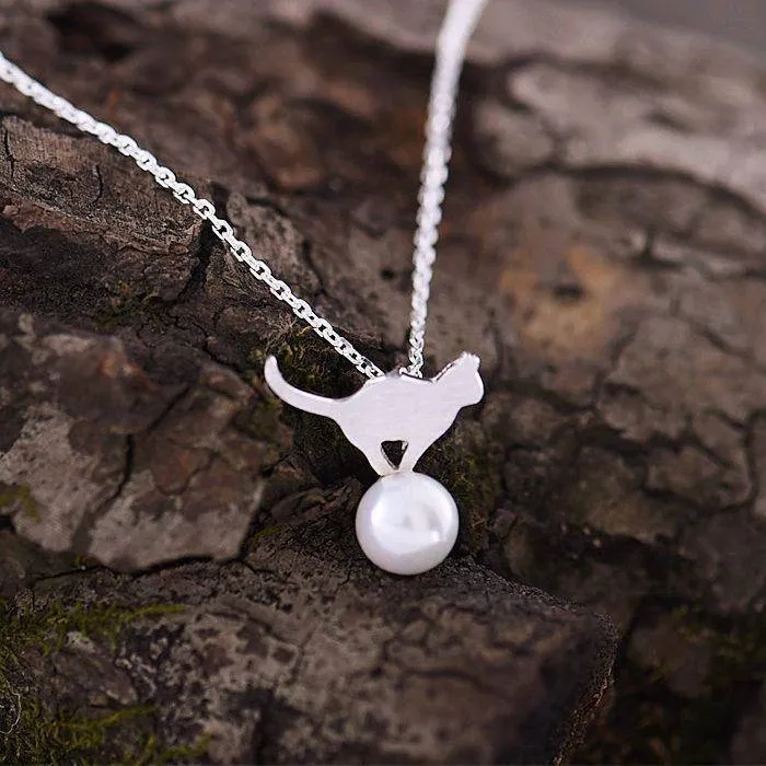 925 Sterling Silver overlay, Imitation Pearl Cat Necklace pendant