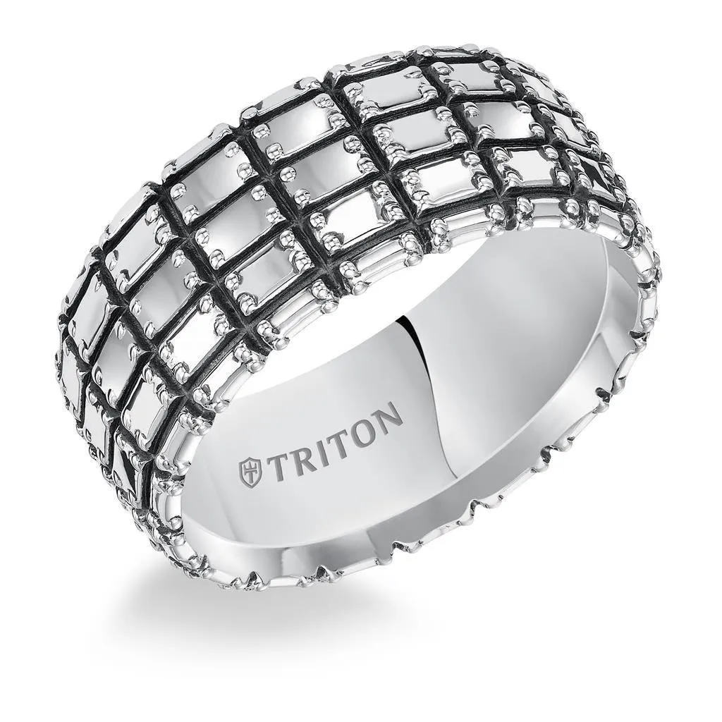 ADON Flat Extra Wide Sterling Silver Comfort Fit Wedding Band with Wide Woven Pattern and Black Oxidation Finish by Triton Rings - 10 mm