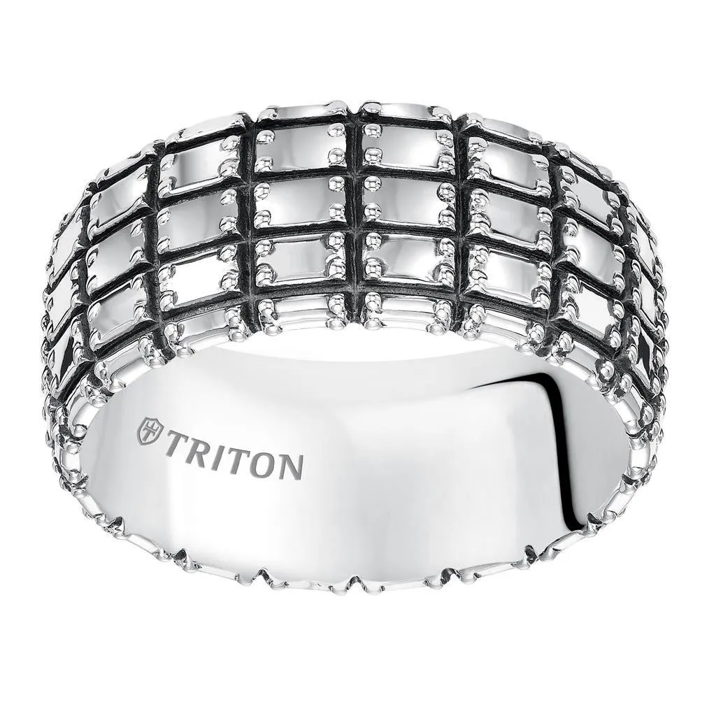 ADON Flat Extra Wide Sterling Silver Comfort Fit Wedding Band with Wide Woven Pattern and Black Oxidation Finish by Triton Rings - 10 mm