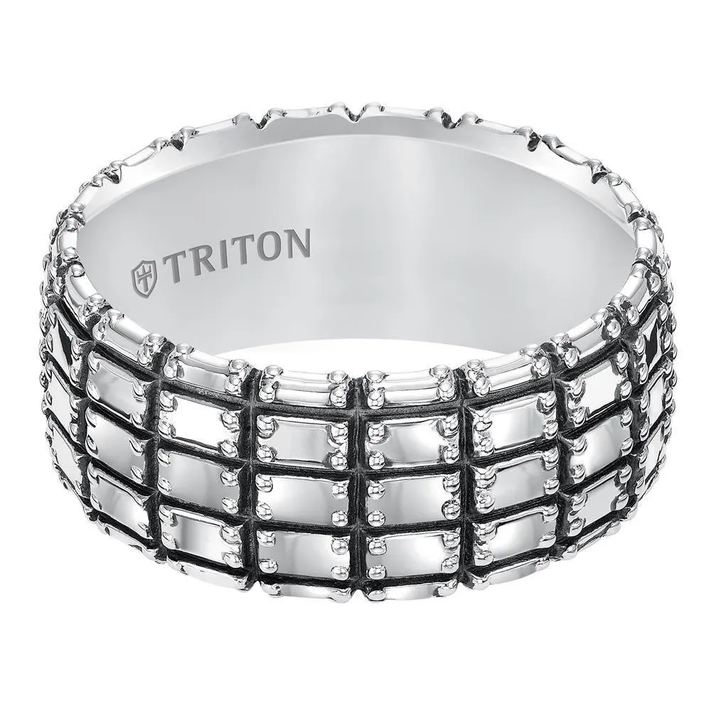 ADON Flat Extra Wide Sterling Silver Comfort Fit Wedding Band with Wide Woven Pattern and Black Oxidation Finish by Triton Rings - 10 mm