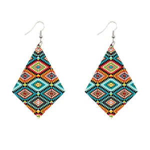 African Print Earrings | Rhombus shaped blue wooden earrings