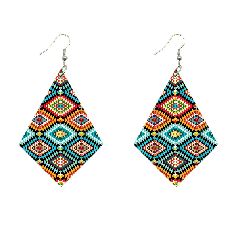 African Print Earrings | Rhombus shaped blue wooden earrings