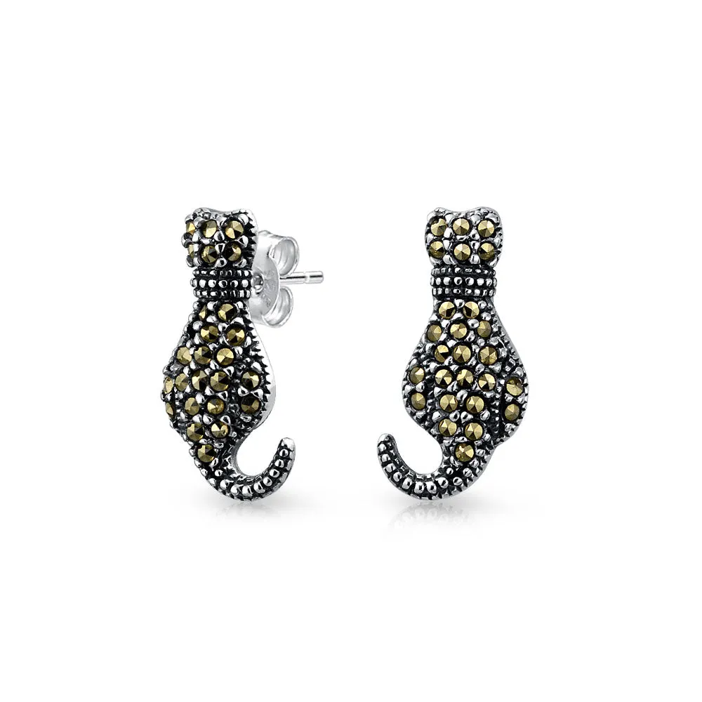 Animal Lover Marcasite Cat Stud Earrings in Sterling Silver - Black & Brown