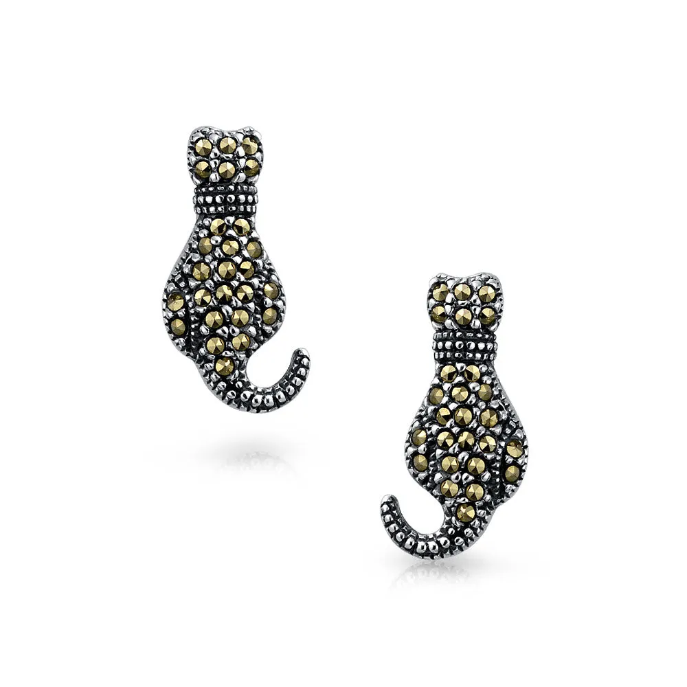 Animal Lover Marcasite Cat Stud Earrings in Sterling Silver - Black & Brown