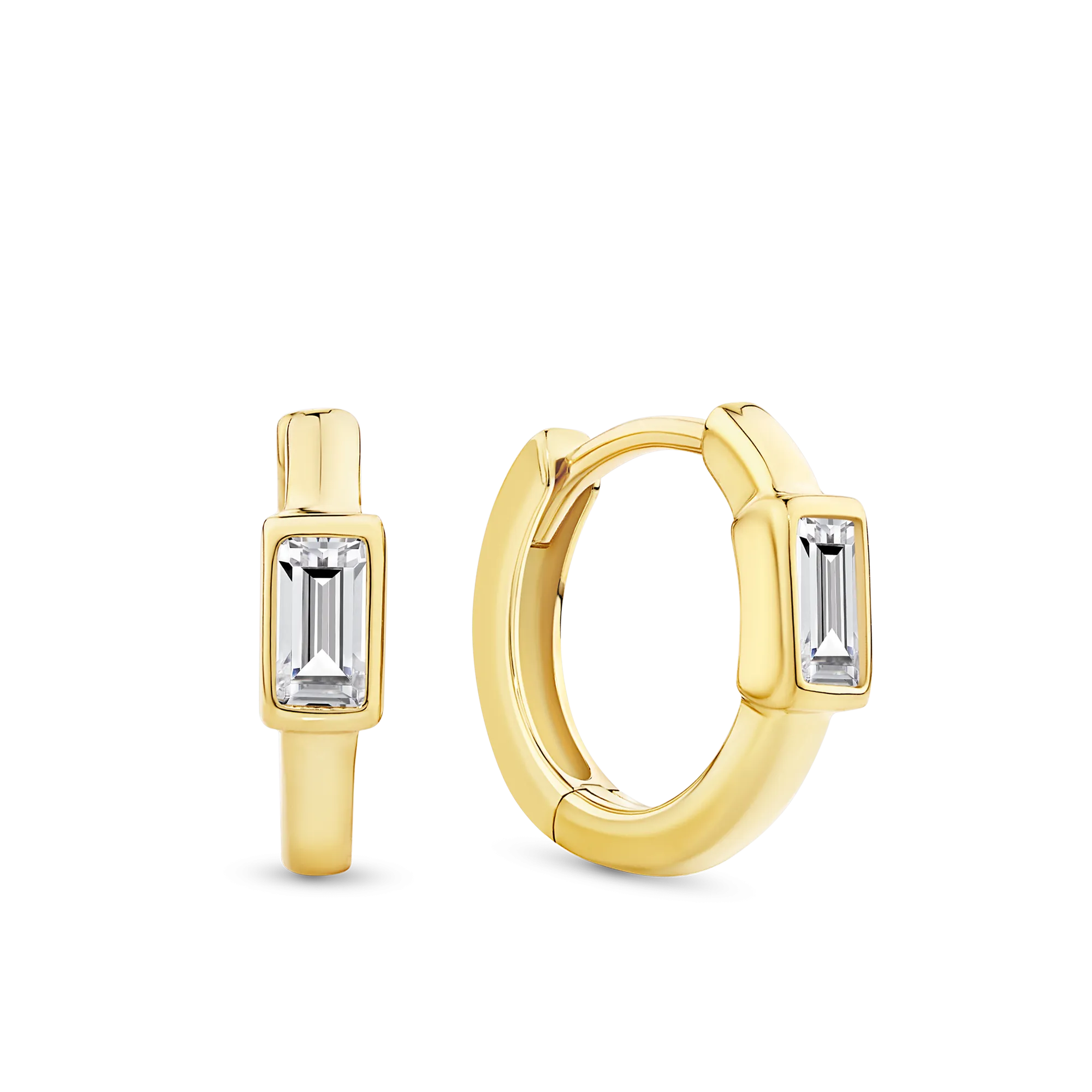 Baguette Cut Cubic Zirconia Huggie Earrings in 9ct Yellow Gold