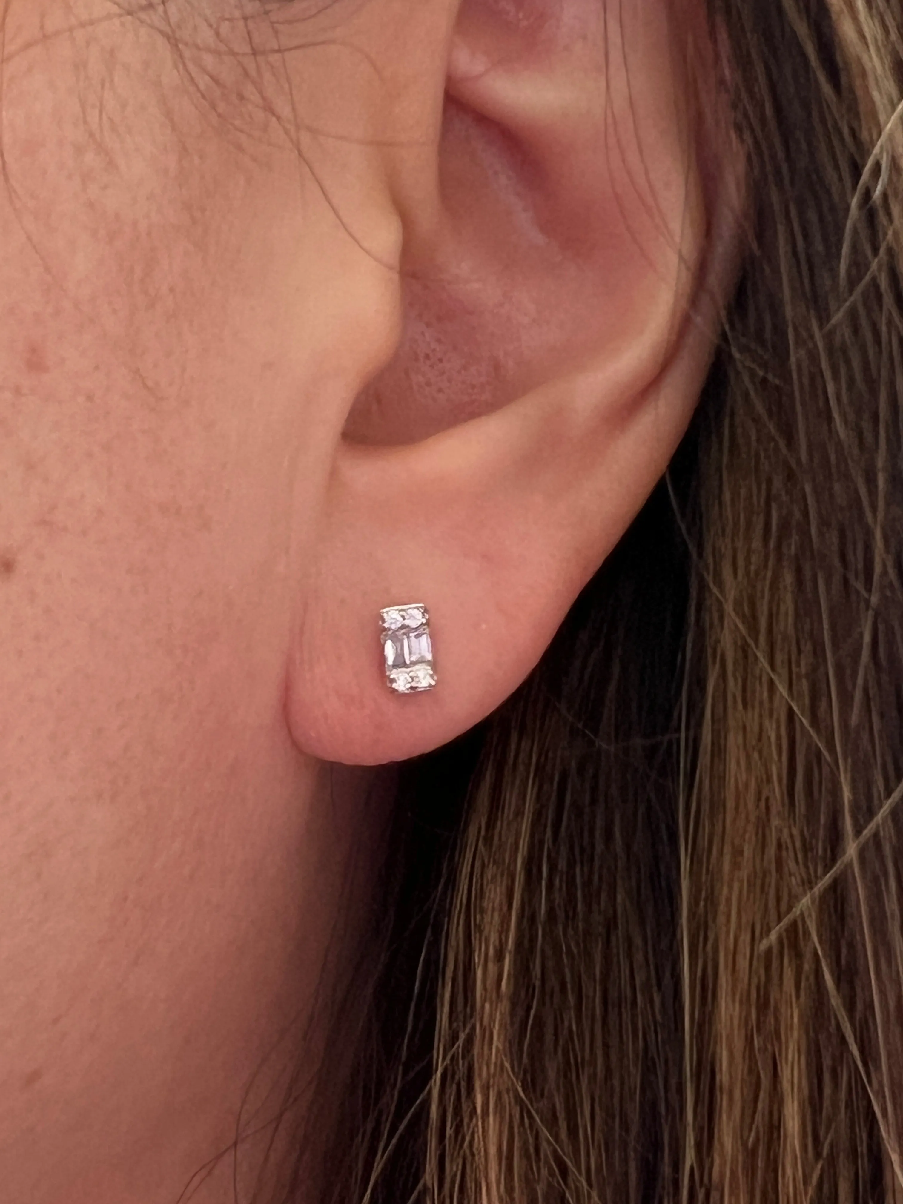 Baguette Emerald Shape White Gold Studs