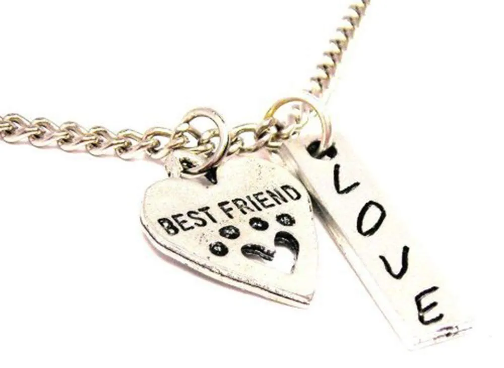 Best Friend Paw Print Heart Love Stick Necklace