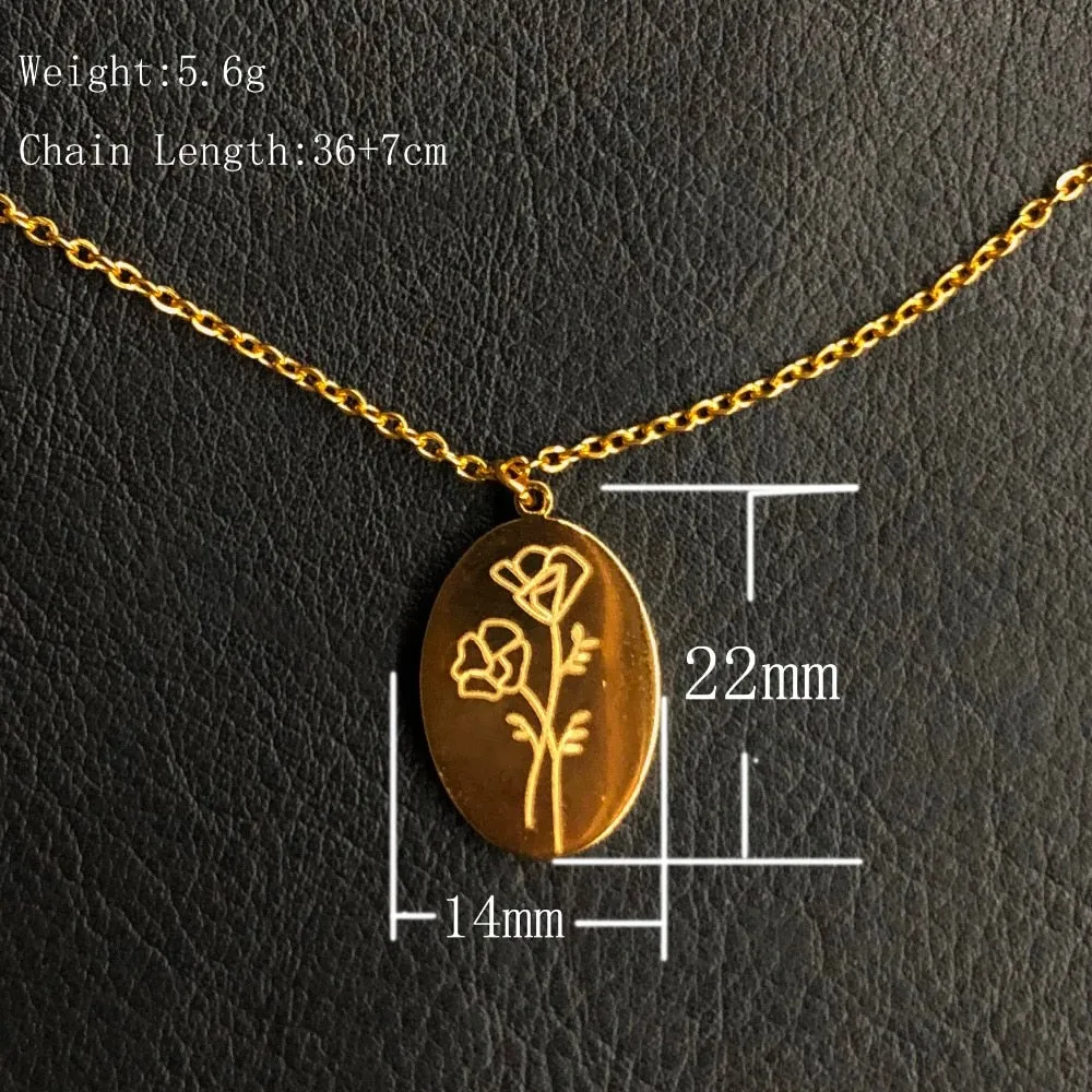 Birth Mother Flower Neckalce New Month Necklace For Mom Gold Color Oval Pendant Necklace