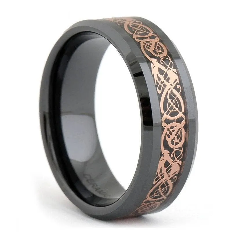 Black Ceramic Rose Gold Dragon Wedding Band