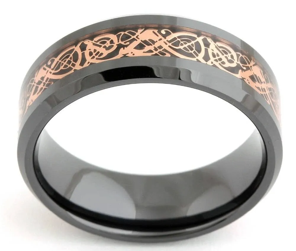 Black Ceramic Rose Gold Dragon Wedding Band